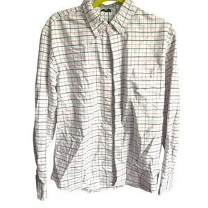 J. Crew Slim Fit Flex Oxford‎ Shirt White W Pink Green Windowpane Plaid L